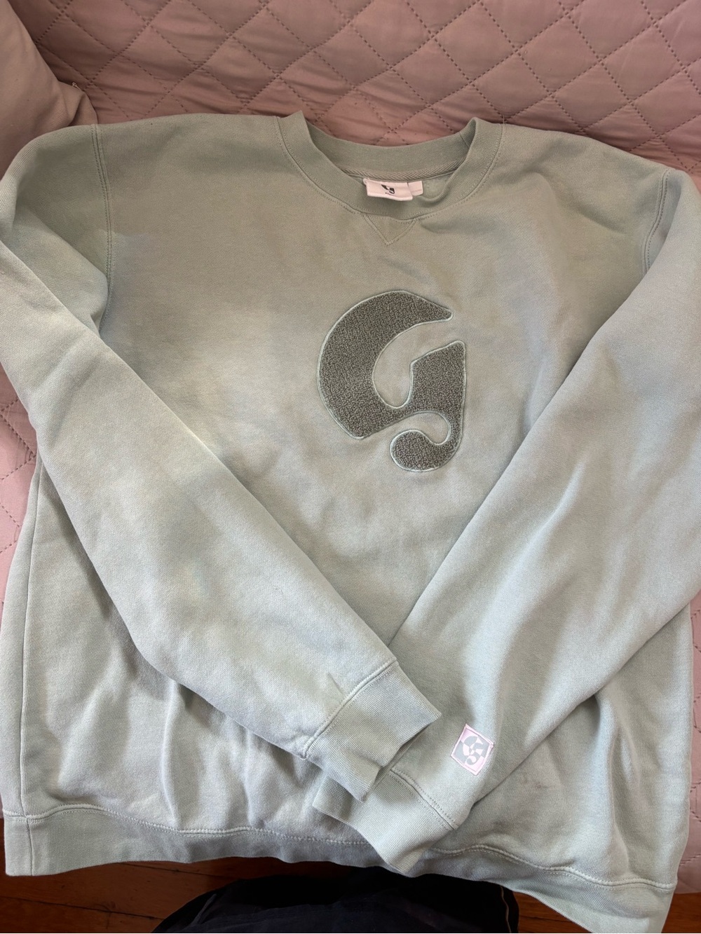 Glossier Sage Green women’s Crewneck Sweatshirt with Appliqué G